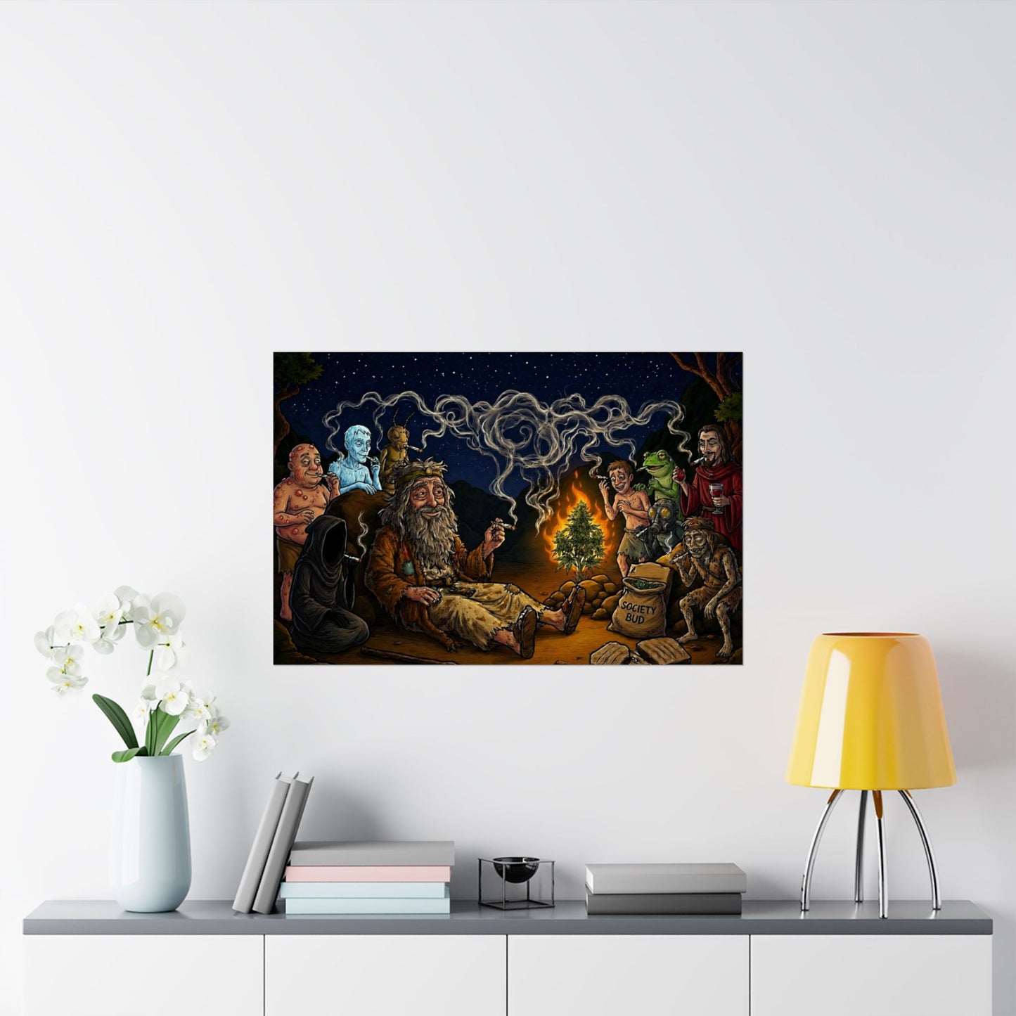 Magic Campfire Poster — Fantasy RPG Characters Around Bonfire Matte Horizontal Print