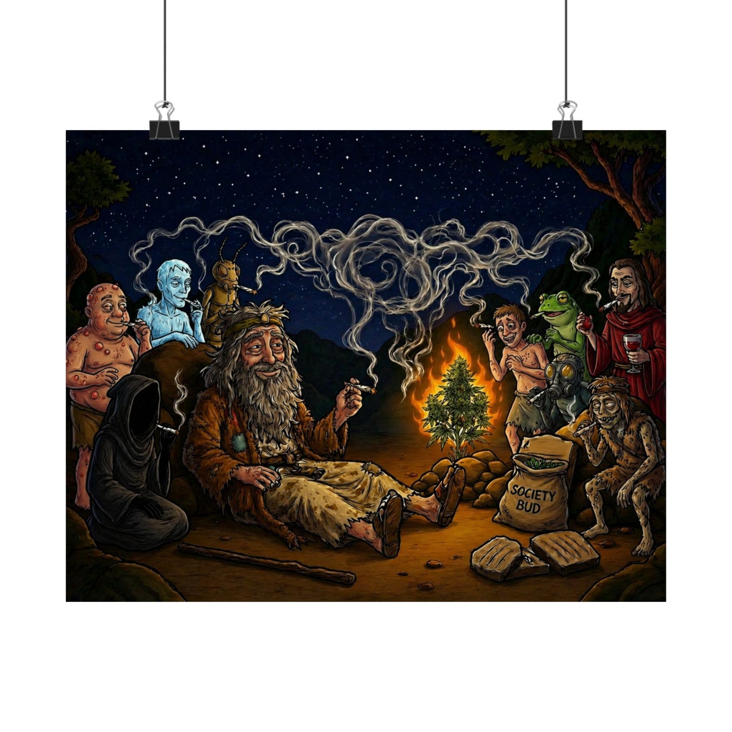 Magic Campfire Poster — Fantasy RPG Characters Around Bonfire Matte Horizontal Print