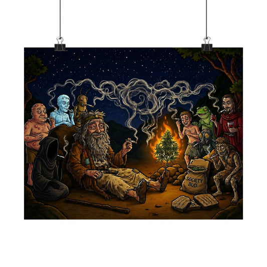 Magic Campfire Poster — Fantasy RPG Characters Around Bonfire Matte Horizontal Print