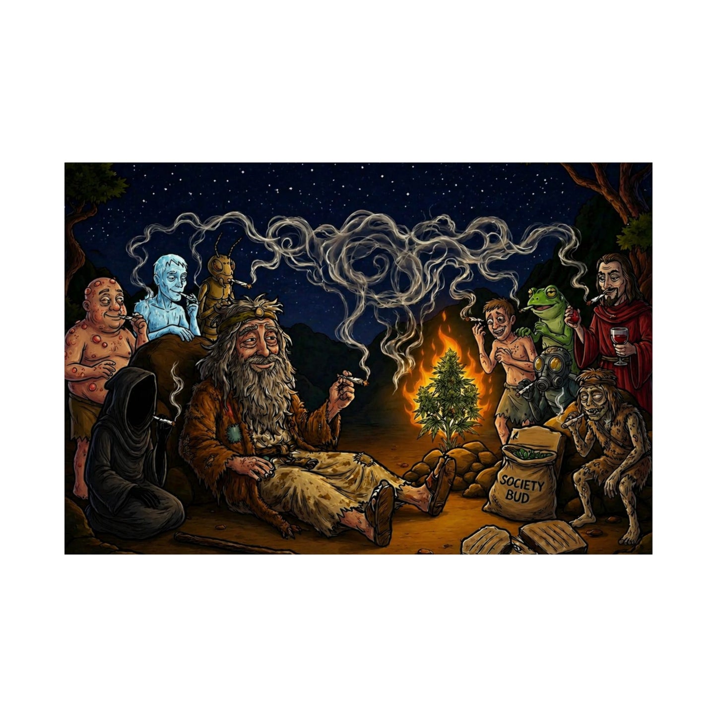 Magic Campfire Poster — Fantasy RPG Characters Around Bonfire Matte Horizontal Print