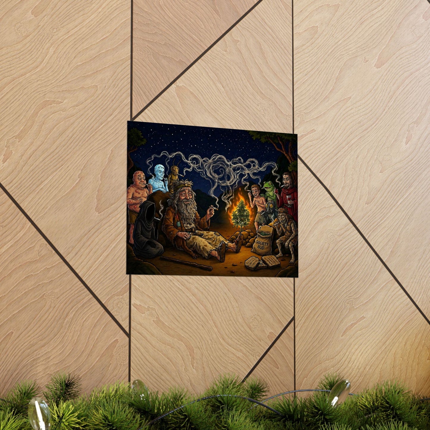 Magic Campfire Poster — Fantasy RPG Characters Around Bonfire Matte Horizontal Print