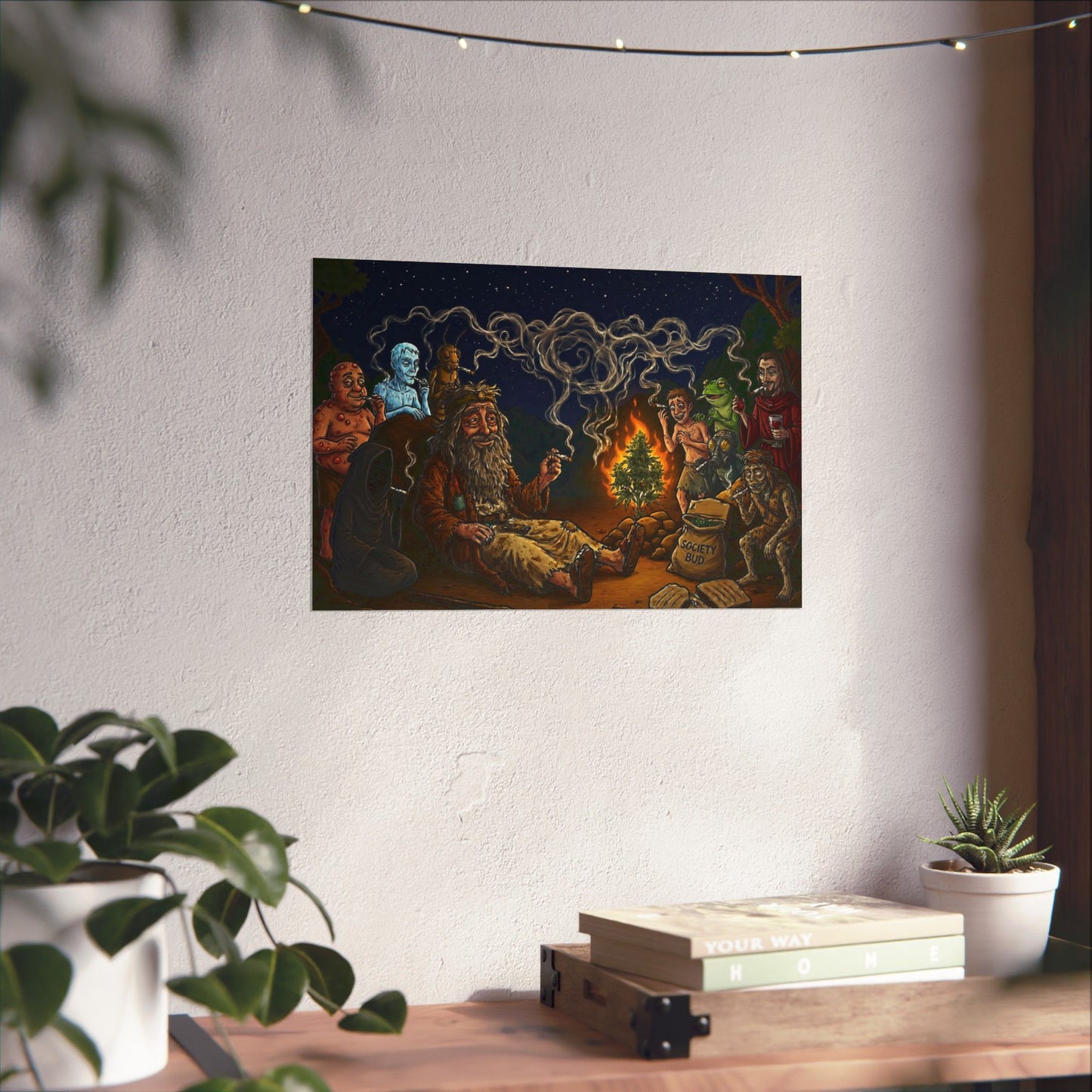 Magic Campfire Poster — Fantasy RPG Characters Around Bonfire Matte Horizontal Print