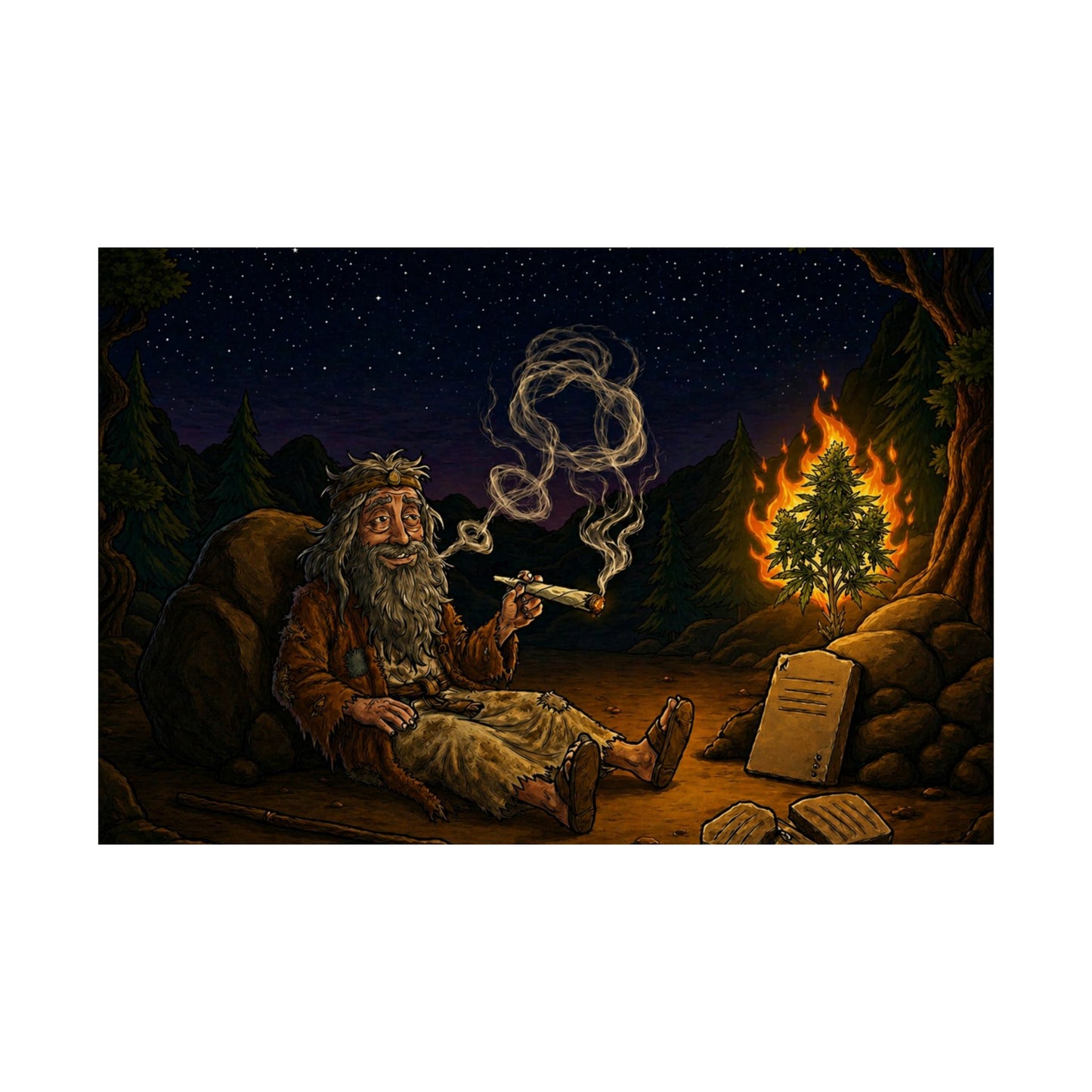 Matte Poster — Mystic Forest Camper Smoking Pipe Night Scene