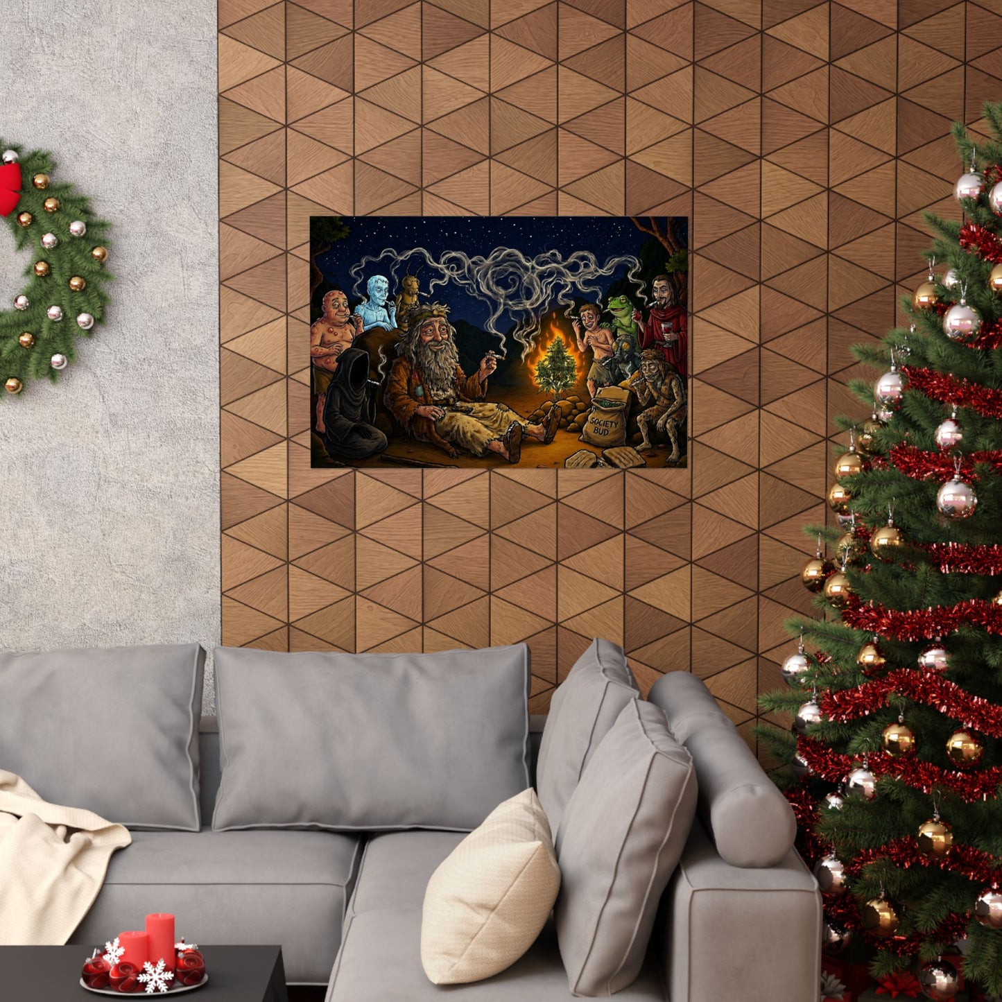 Magic Campfire Poster — Fantasy RPG Characters Around Bonfire Matte Horizontal Print